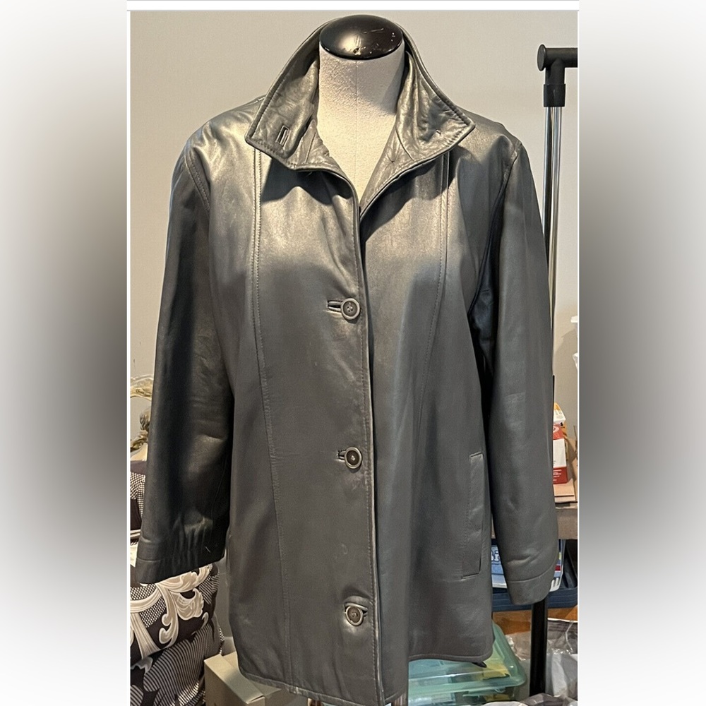Giorgio Vítale Silver Genuine Leather Woman Jacket Sz M Button Front Standup Col